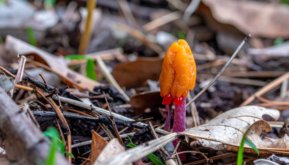 Close up of a bright orange and purple mushroom in the forest