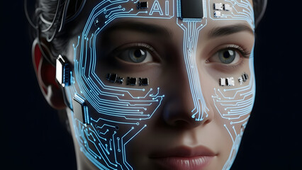Futuristic facial recognition technology integrated into human visage in a close-up portrait