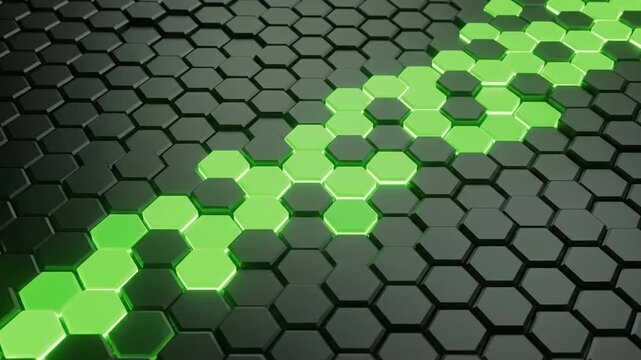 Abstract hexagonal grid pattern with glowing green elements
