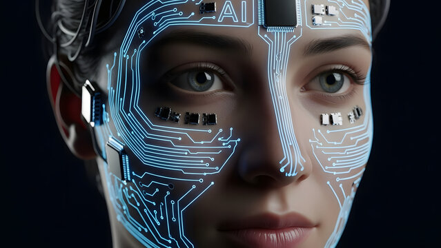 Futuristic facial recognition technology integrated into human visage in a close-up portrait - Powered by Adobe