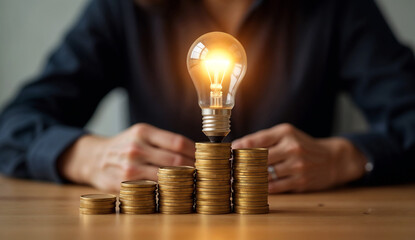 Light bulb on top of a pile of gold coins with a businessman in the background.