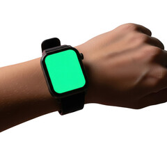 Smartwatch on wrist with green screen display isolated on transparent background