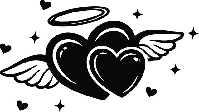 Two romantic angel hearts with wings and halo vector illustration for valentine day card design.