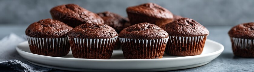 Group of rich dark chocolate baked goods displayed on a white ceramic serving platter