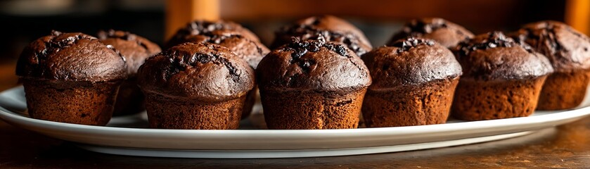 Row of freshly baked dark chocolate muffins rests upon a white serving platter