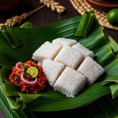 Traditional Sri Lankan kiribath with lunu miris on banana leaf, festive cultural food concept.