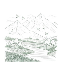 Fototapeta premium A serene landscape sketch of a house near a river with mountains in the background on Hijab International Day, featuring a peaceful and natural scenery.