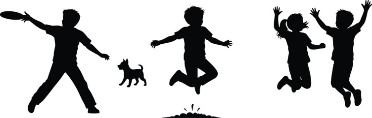 Silhouettes of playful children jumping, splashing, and throwing frisbee outdoors with dog, capturing joyful energy and childhood recreation moments