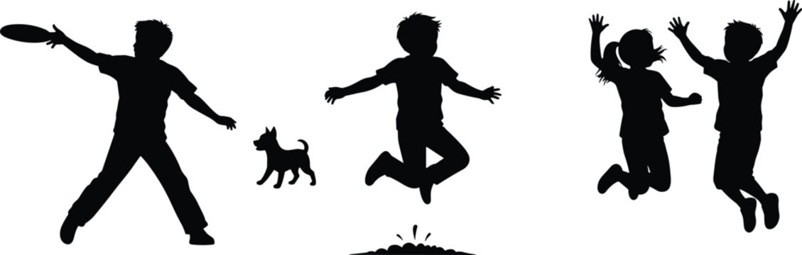 Silhouettes of playful children jumping, splashing, and throwing frisbee outdoors with dog, capturing joyful energy and childhood recreation moments