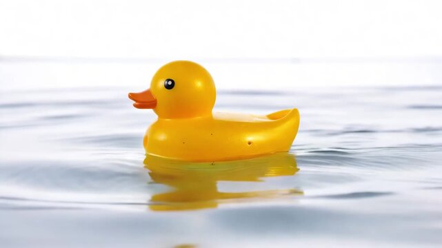 Yellow rubber duck water. Summer vacation, the concept of a children's game. A small rubber yellow duck floats in water in the pool. Symbol of swimming, happy childhood, white background