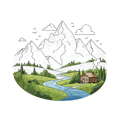 Illustration of a serene mountain landscape with a winding river, trees, and a cabin, featuring a majestic mountain range in the background with birds flying.