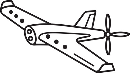 Black and White Line Art Airplane Icon – Propeller Plane with Windows, Wings, and Tail Fin – Minimalist Aviation Illustration for Kids, Education, and Travel Themes © Parves