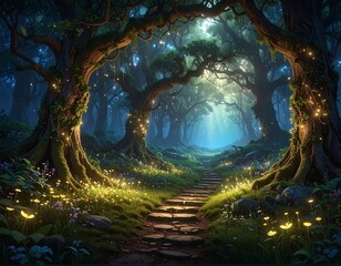 A stone path leads through a mystical forest lit by glowing orbs and dappled sunlight, creating an enchanting scene