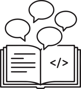Open Book with Code Symbol and Speech Bubbles &ndash; Line Art Icon for Programming, Learning, and Communication