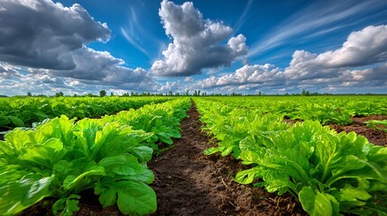 Wide farming field under soft cloud highlighting sustainable crop growth modern agriculture landscape eco friendly food production