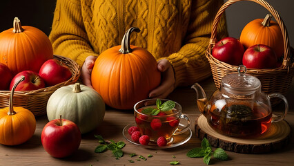 Pumpkins and Apples, Cozy Kitchen, Food Styling, Autumn Vibe, Close-Up View, Seasonal Flavors