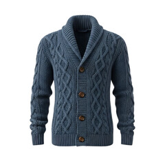 Men's stylish blue cable knit shawl collar cardigan sweater on transparent background