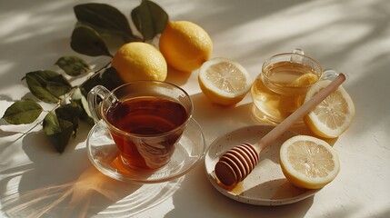 Warm beverage with citrus fruit and sweetener arranged on a light surface under natural sunlight