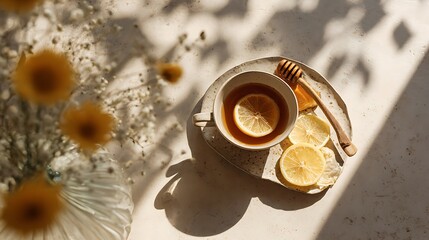 Warm beverage with citrus slices and a wooden utensil rests on a textured surface illuminated by natural sunlight.