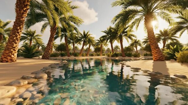 Sunny tropical poolside oasis surrounded by tall palm trees, turquoise water and sunlit sand. Bright