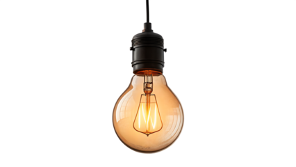 Hanging Light Bulb Casting Soft Orange Light in Darkness on a Pure White Background and transparent background