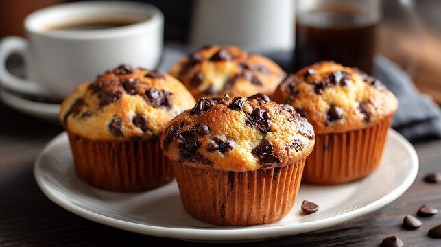 Four freshly baked chocolate chip muffins rest on a white plate alongside a cup of coffee
