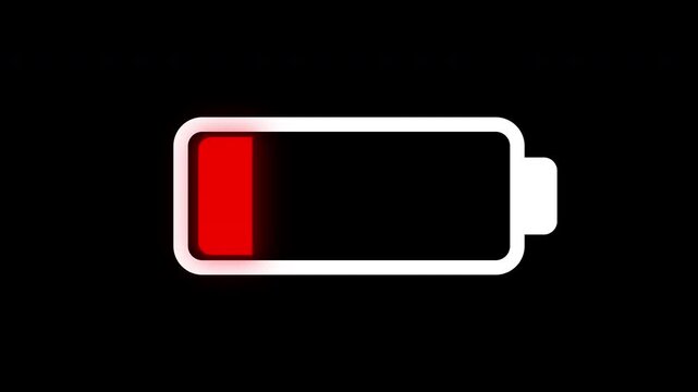 Battery icon displaying low charge with red indicator, illustrating power depletion in a digital format, emphasizing urgency and need for recharging device