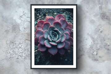 Framed succulent plant photograph hangs centrally against a textured concrete wall background