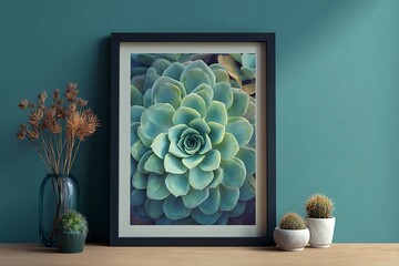 Framed botanical print featuring a succulent plant display rests on a wooden surface against a teal wall