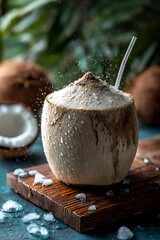 Freshly prepared young coconut beverage sits on a wooden board surrounded by ice shards