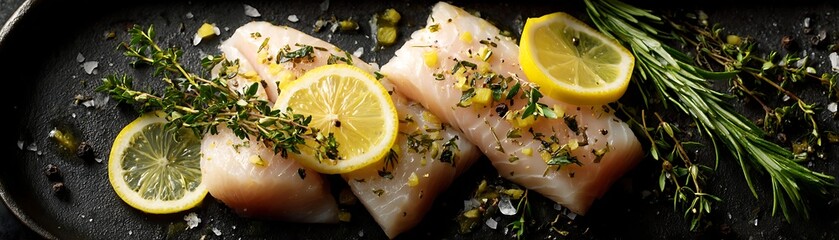 Raw white fish fillets seasoned with herbs and lemon slices arranged on a dark surface