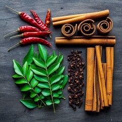 Traditional Sri Lankan spices and herbs flat lay showing natural ingredients and authentic cooking culture.