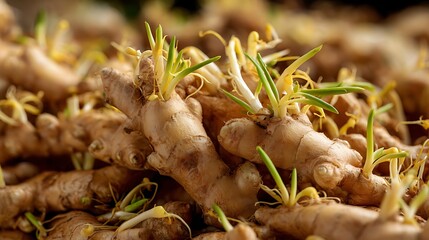 Numerous light brown roots display fresh green sprouts emerging from their surfaces