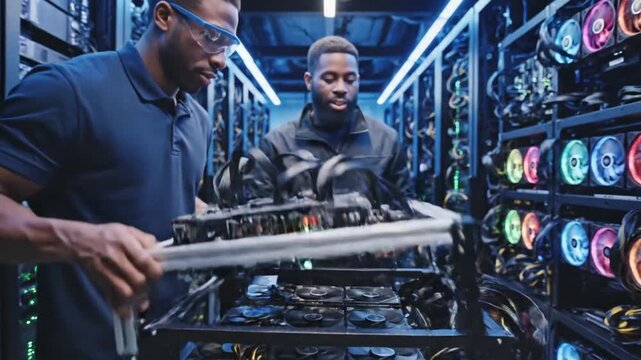 Technicians working on server in data center
