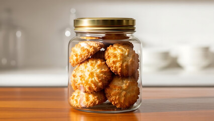 Cookies stored in a jar on a wooden kitchen table