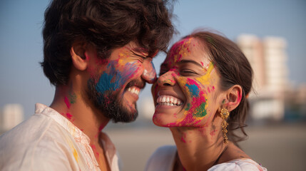 Young Indian couple playfully smearing colorful powder on each other's faces, romantic and joyful Holi moment, wearing white traditional cotton clothes, soft natural lighting, shar