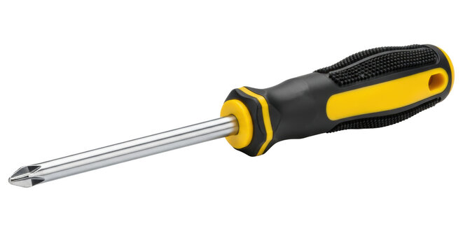 professional phillips head screwdriver featuring a polished chrome-vanadium steel shaft and a deep black and bright yellow textured ergonomic handle, isolated on white. concept of industrial