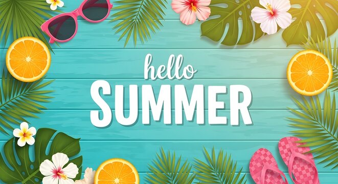 Hello summer text with tropical leaves and beach accessories flat lay selling backraund
