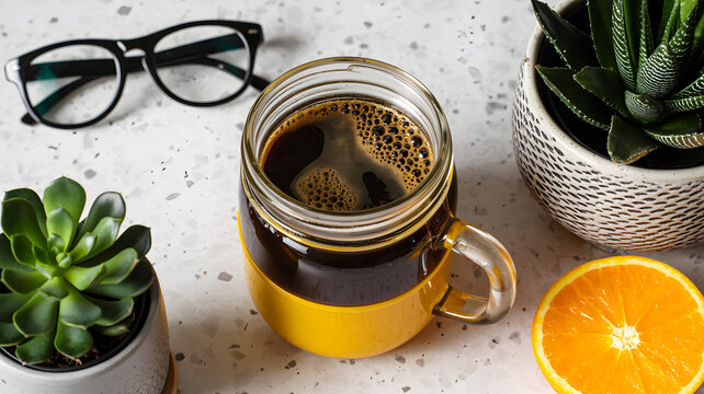 Cup of black coffee on a terrazzo table with orange slice, succulents and eyeglasses &ndash; modern morning workspace scene