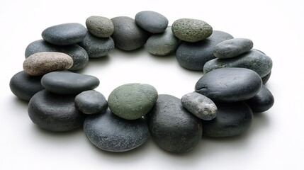 elegant oval frame composed of smooth, flat river pebbles and stacked stones. The composition features a variety of gray, slate, and charcoal earth tones. The stones appear balanced and polished 