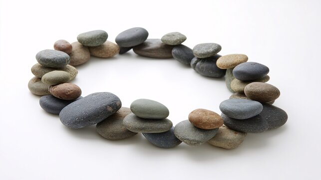 elegant oval frame composed of smooth, flat river pebbles and stacked stones. The composition features a variety of gray, slate, and charcoal earth tones. The stones appear balanced and polished  - Powered by Adobe