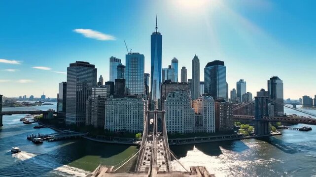 Aerial view of city skyline with bridges and skyscrapers