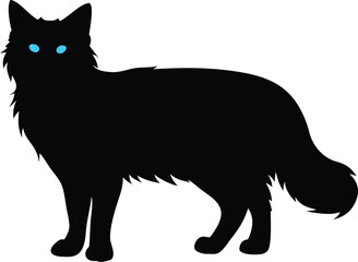 Striking black cat silhouette standing alertly with bright glowing blue eyes for feline mystery