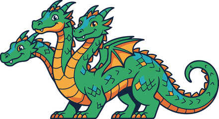 Fototapeta premium Vector illustration of a cute cartoon three-headed dragon or hydra featuring green scales and orange accents, isolated on a white background.