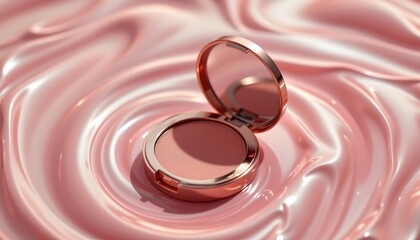 The image features an open compact mirror with a flush disk of blush inside, resting on a smooth, silky surface that appears to be made of soft satin fabric