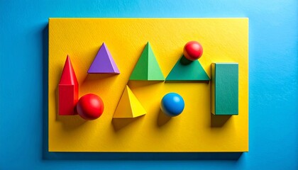 Educational Toy Set of Colorful 3D Geometric Wooden Shapes Including Cones, Spheres, and Cubes on a Bright Yellow Base