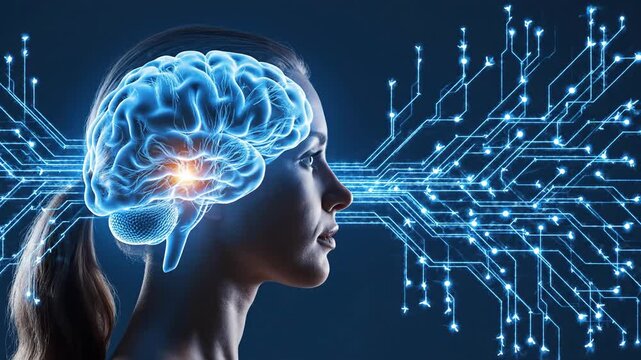 Woman profile with illuminated brain and digital circuitry illustration