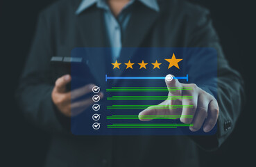 Customer satisfaction survey with star rating scale and checklist on digital interface for service quality and performance evaluation.