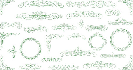 The image showcases a collection of decorative design elements in a rich green color against a crisp . This contrast enhances the visibility of the intricate details in the designs.