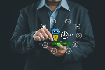 AI assistant and chatbot technology concept showing virtual support interface with 24/7 service icons, automation tools, data analytics, customer service, business communication, and digital transform